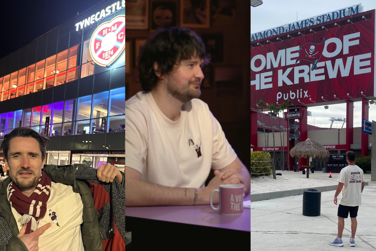 Fans wearing Universal Language Hearts FC tees — the Five Star Rudi embroidered tee, Gorgie Fish Bar tee and Marius Zaliukas tee, designed in Edinburgh.