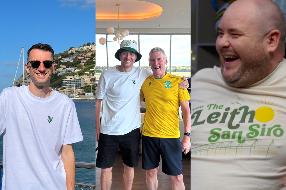 Fans wearing Universal Language Hibs tees — the Harp embroidered tee, Leith San Siro tee and Sir David Gray tee, designed in Edinburgh.